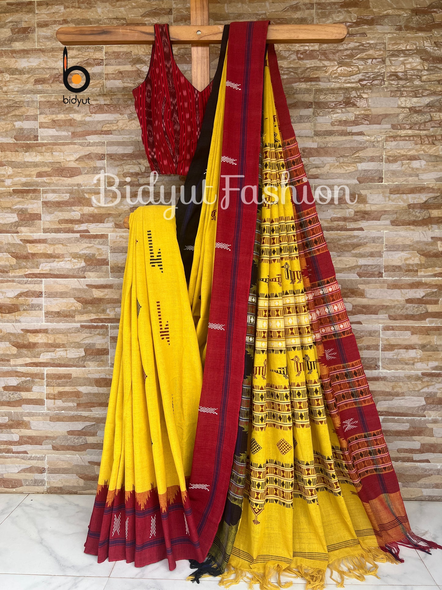 Traditional heavy tribal Kotpad Cotton Saree of Odisha handloom - Yellow color