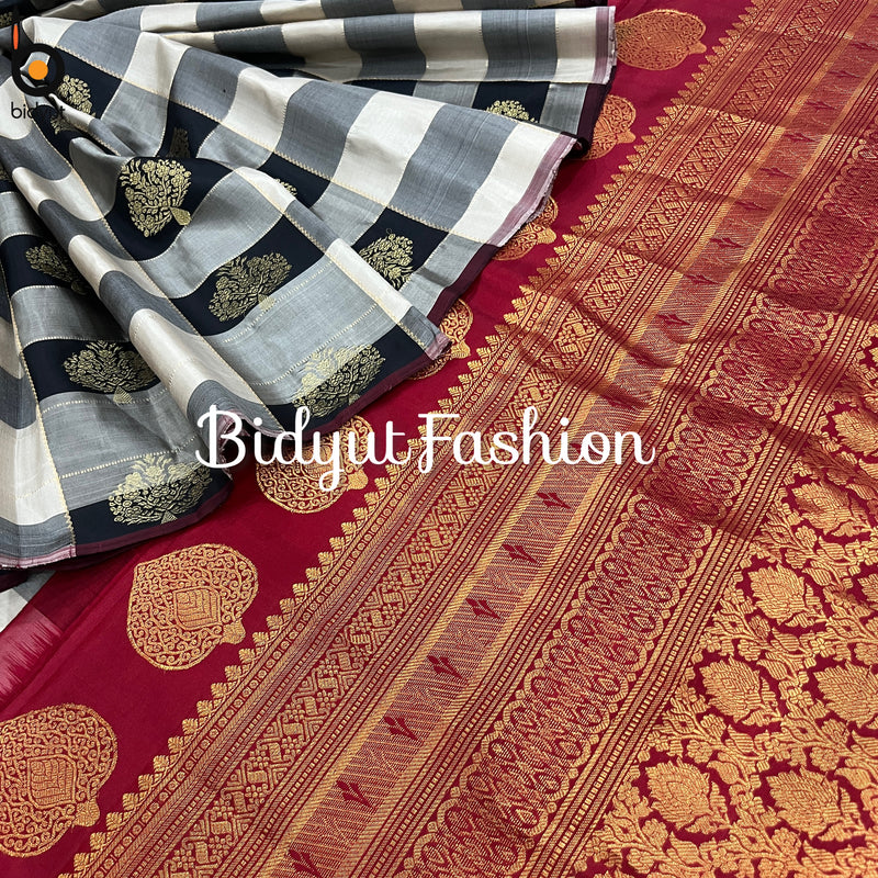 Handloom Gadwal Silk Saree online body check black white color saree