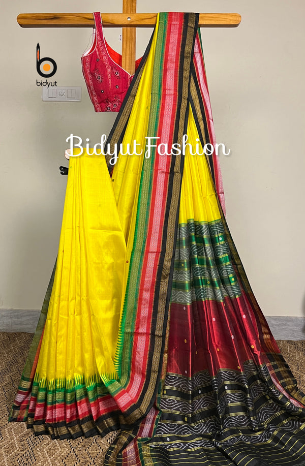 Odisha handloom Kathiphera Khandua Ikat Silk Saree yellow color - Bidyut Fashion