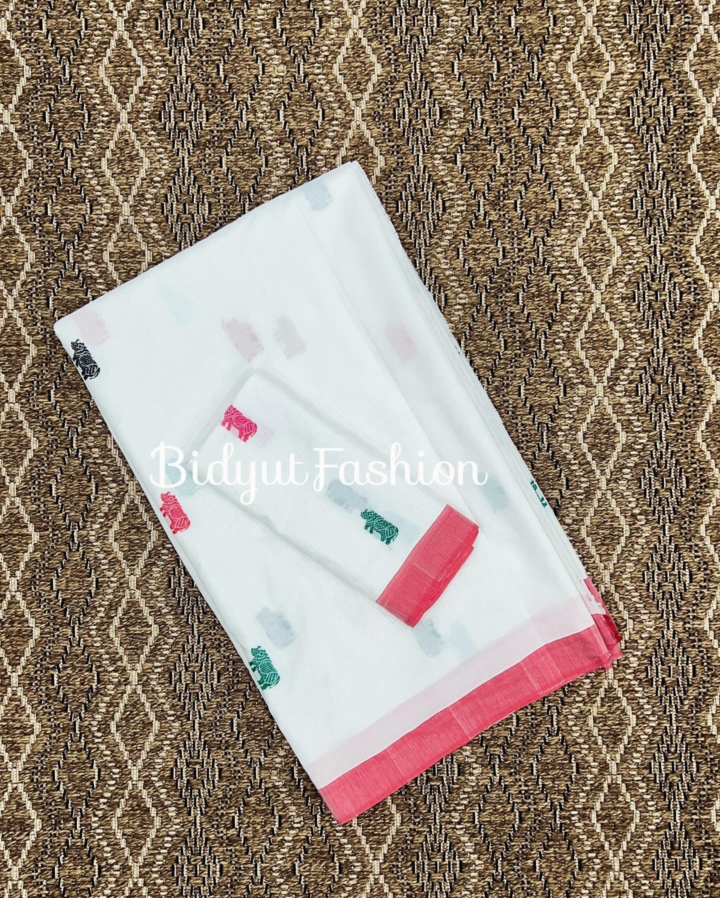 Assam Handloom Cotton Saree - white red sari - Bidyut Fashion