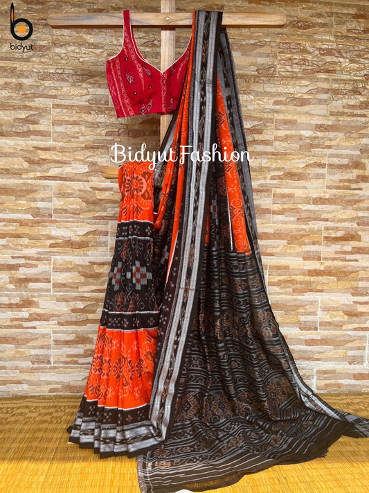 Odisha handloom Orange Color Ikat Cotton Saree - Bidyut Fashion