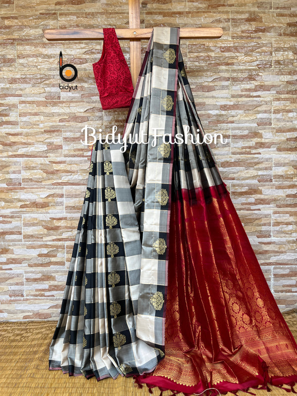 Handloom Gadwal Silk Saree online body check black white color saree