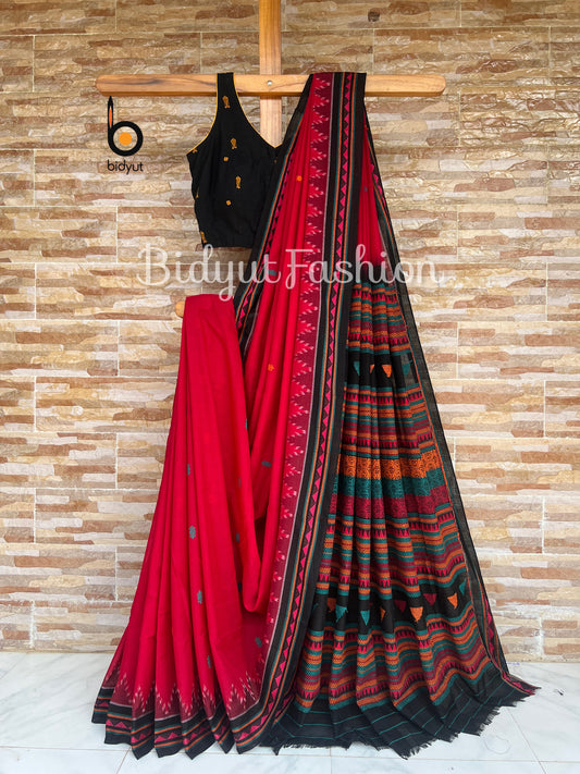 Odisha handloom Dongria Design Cotton Saree - Red color saree