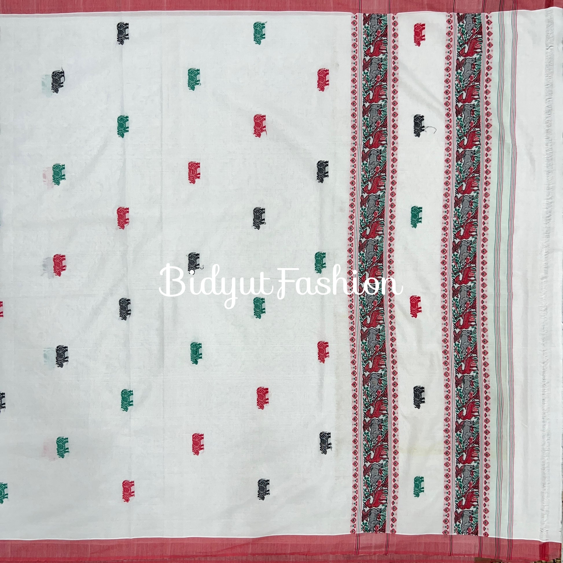 Assam Handloom Cotton Saree - white red sari - Bidyut Fashion