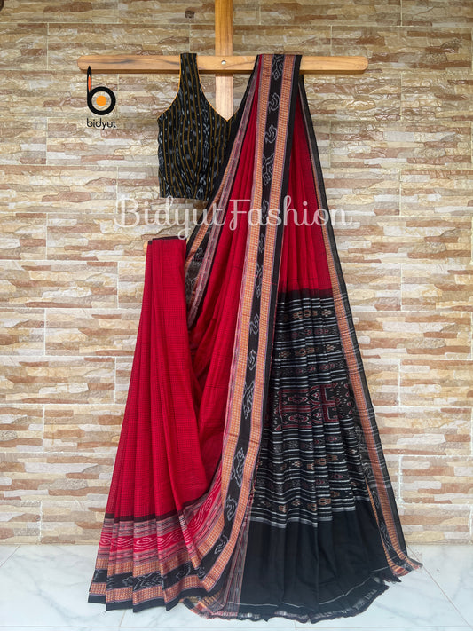 Handlooms of Odisha Sachipar Sambalpuri Ikat Cotton Sarees Red color