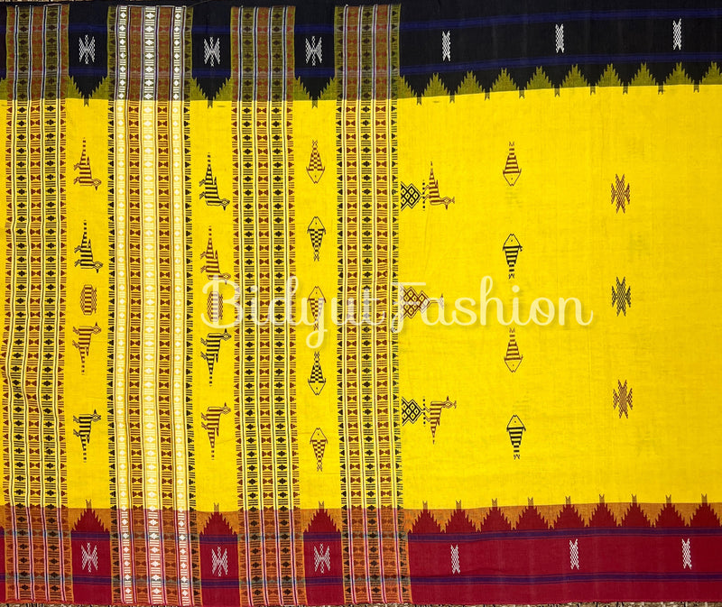 Traditional heavy tribal Kotpad Cotton Saree of Odisha handloom - Yellow color