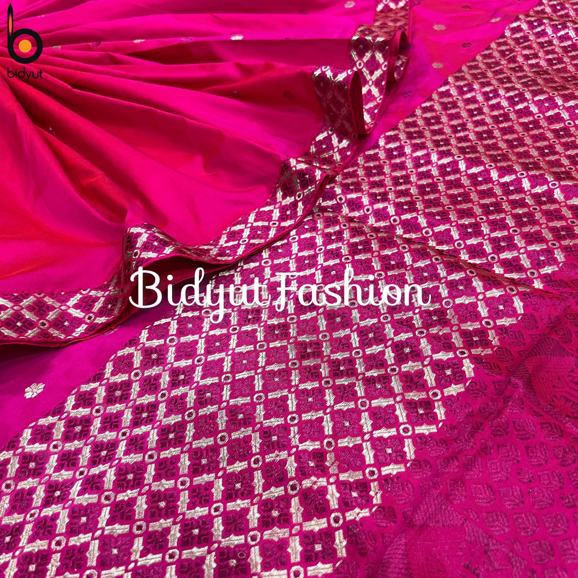 Assam Handloom Paat Silk Saree with zari work - Pink sari - Bidyut Fashion