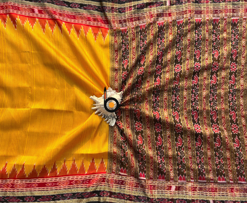 Yellow color Silk Saree - Sachipar Nuapatna Ikat Handloom saree from Odisha exclusive khandua design palla