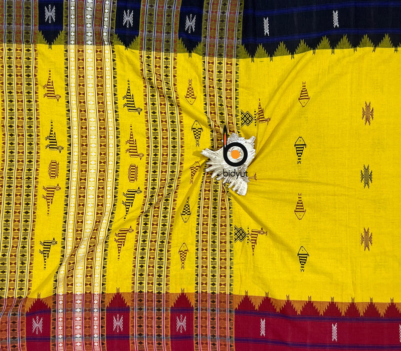 Traditional heavy tribal Kotpad Cotton Saree of Odisha handloom - Yellow color