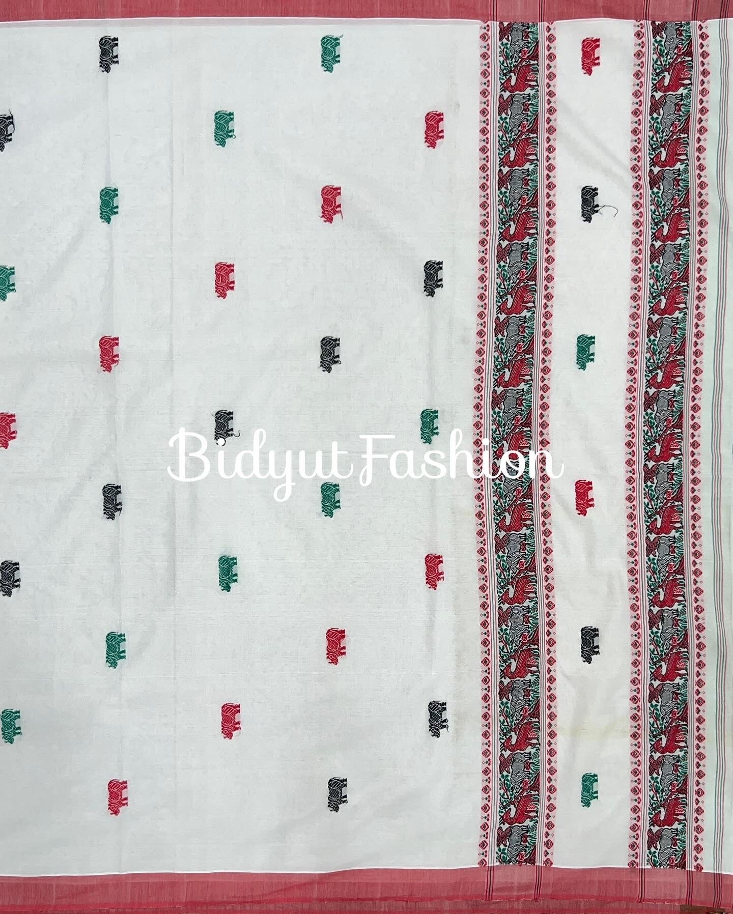 Assam Handloom Cotton Saree - white red sari - Bidyut Fashion