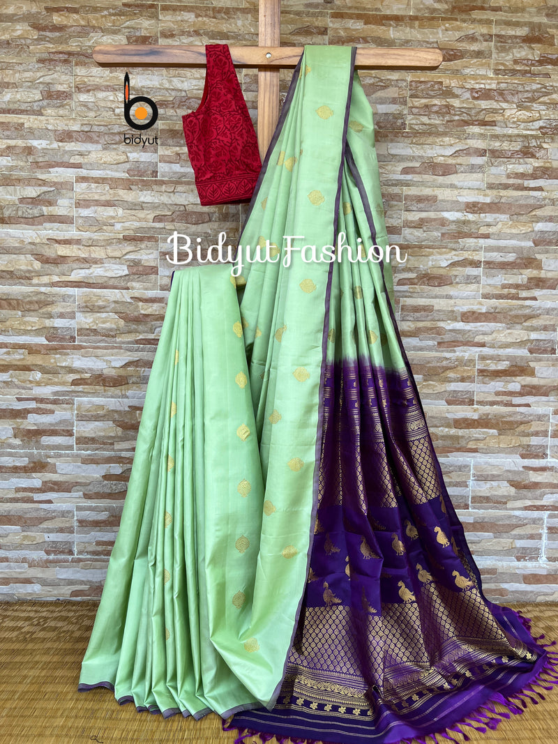 Handloom Gadwal Silk Saree online mint green color saree