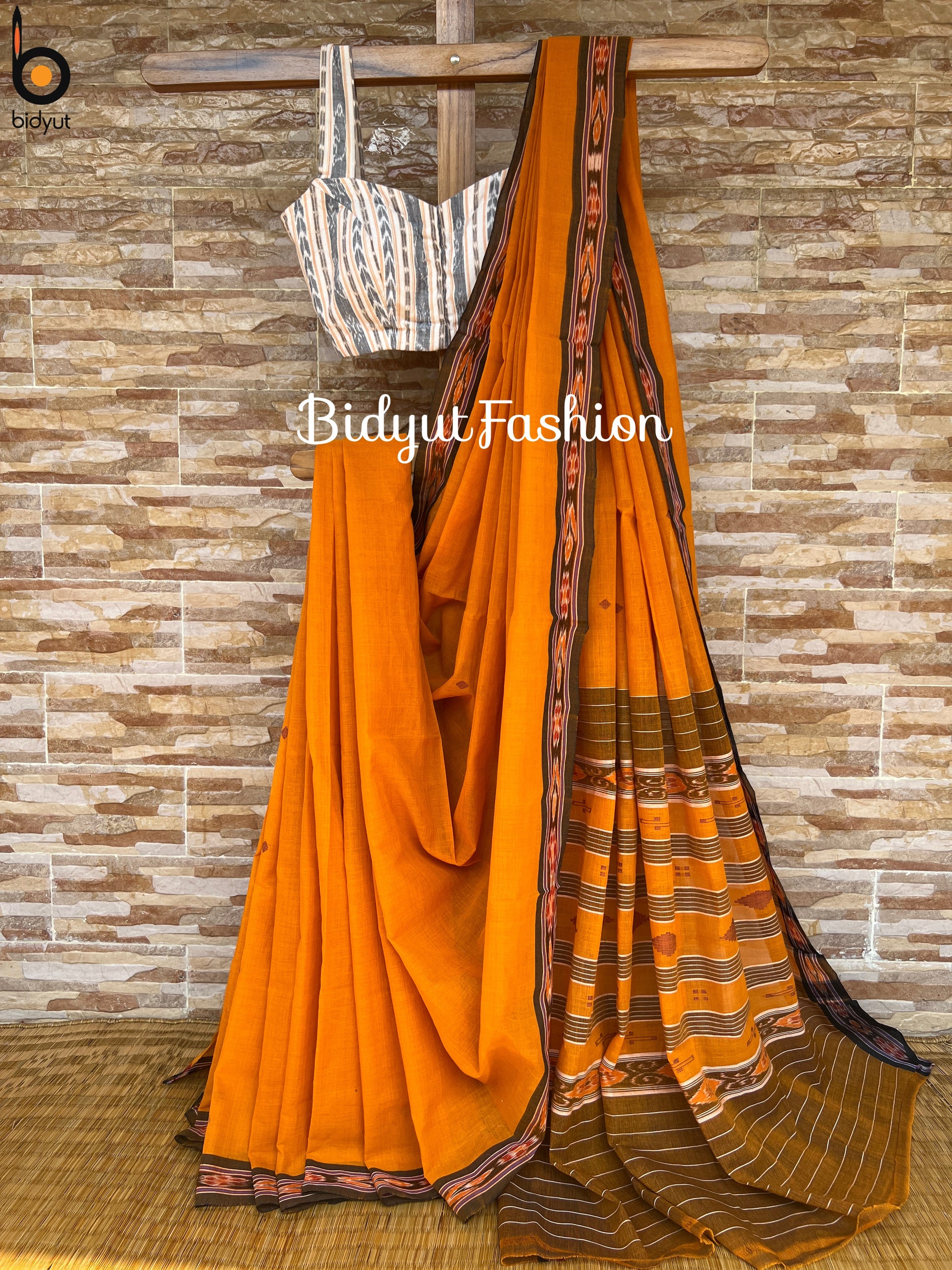 Odisha Handloom orange color Suta Luga Ikat Cotton Saree - a Traditional Weaving - Bidyut Fashion