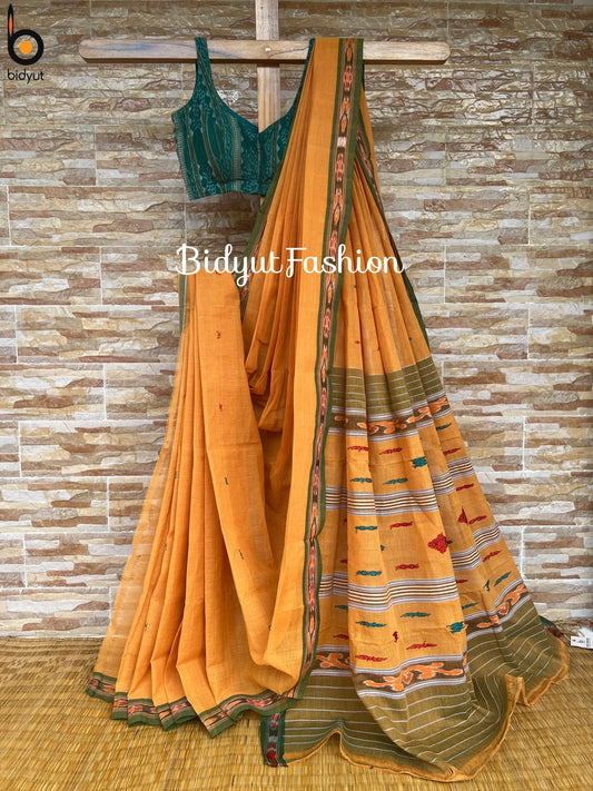 Odisha Handloom Yellow color Suta Luga Ikat Cotton Saree - a traditional Weaving - Bidyut Fashion