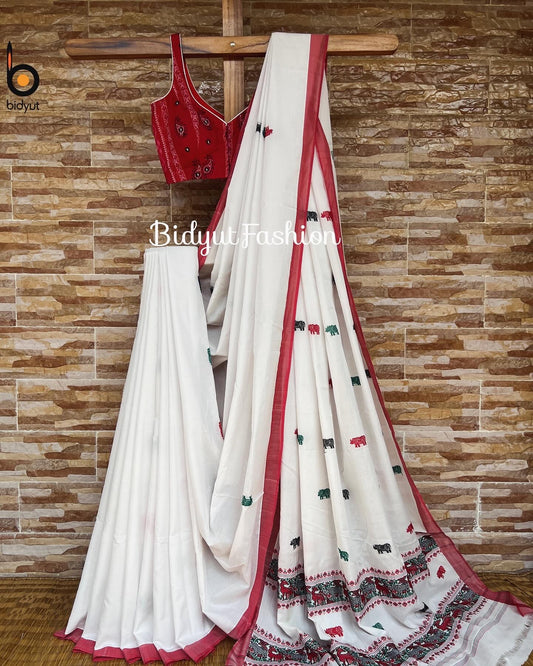 Assam Handloom Cotton Saree - white red sari - Bidyut Fashion