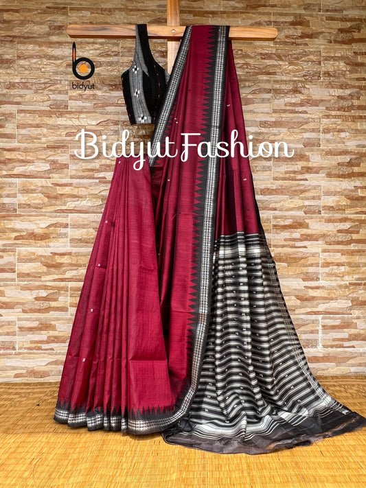 Red color Berhampuri single palla Patta Saree |Odisha handloom Silk - Bidyut Fashion