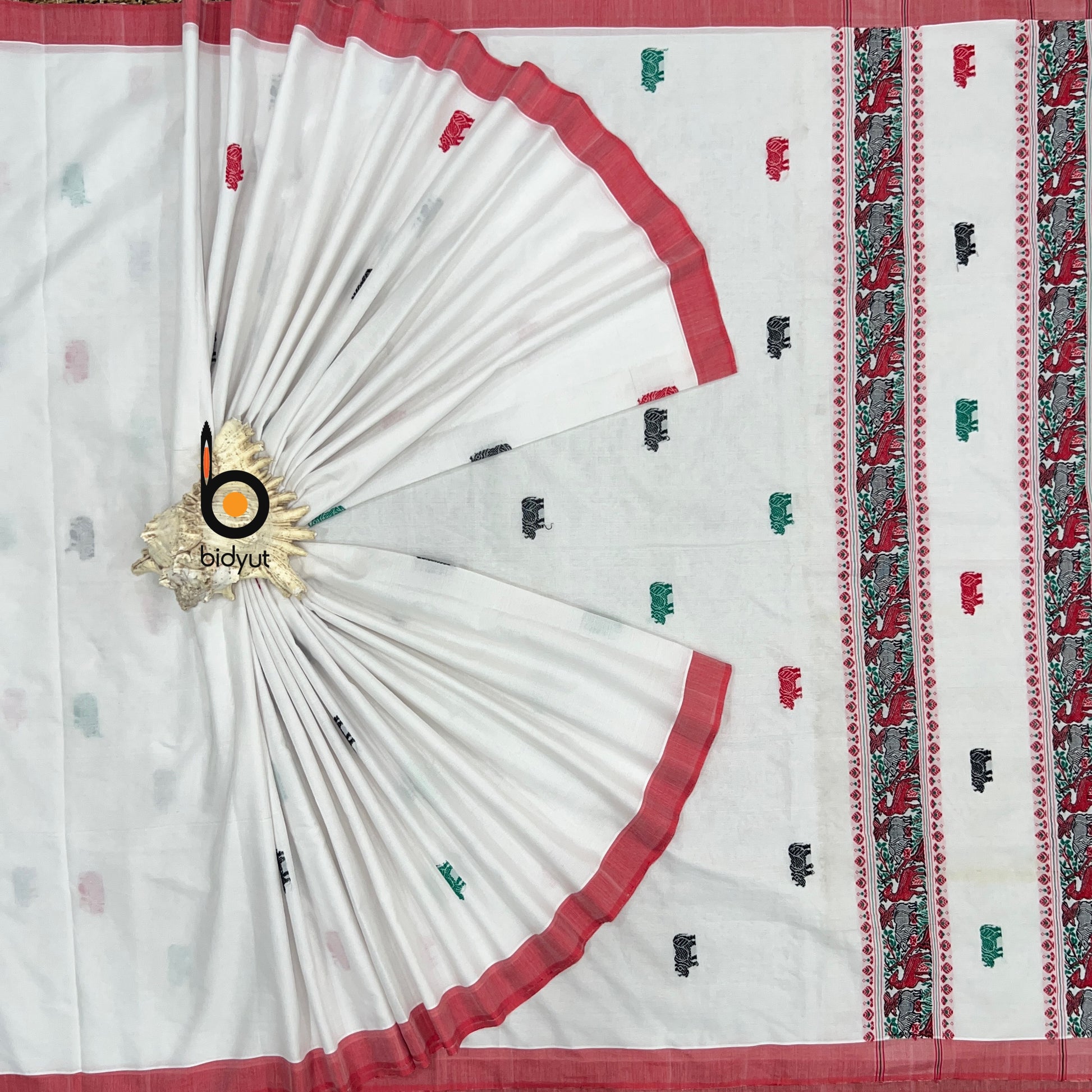 Assam Handloom Cotton Saree - white red sari - Bidyut Fashion