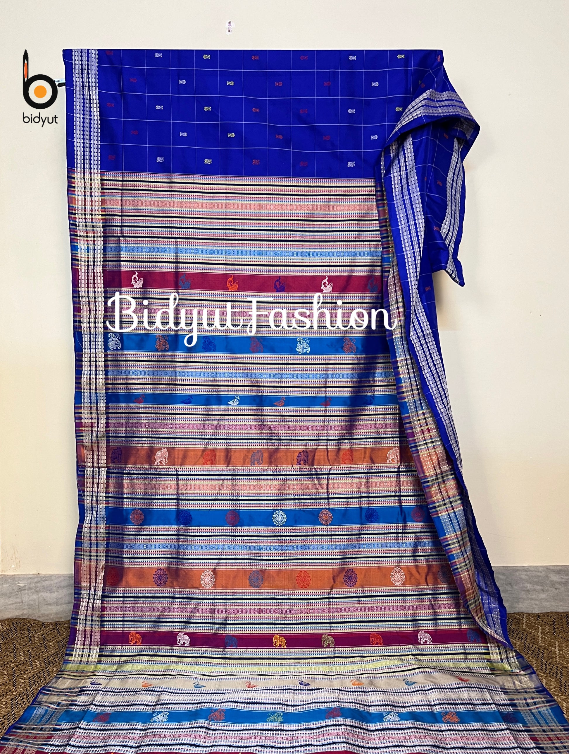 Blue color Berhampuri Patta Saree long palla