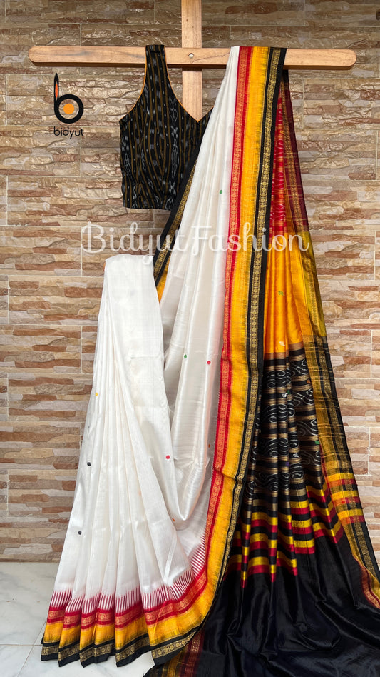 Odisha handloom Kathiphera Nuapatna Ikat Silk Saree white color