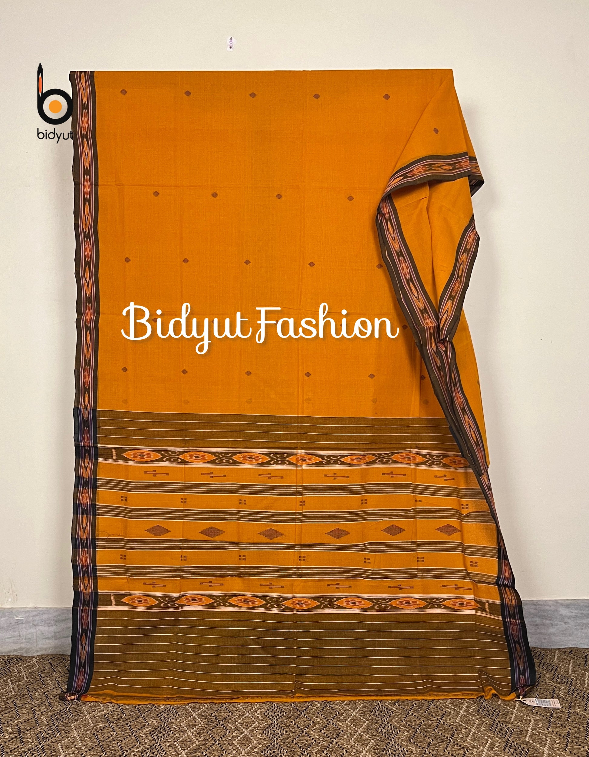 Odisha Handloom orange color Suta Luga Ikat Cotton Saree - a Traditional Weaving - Bidyut Fashion