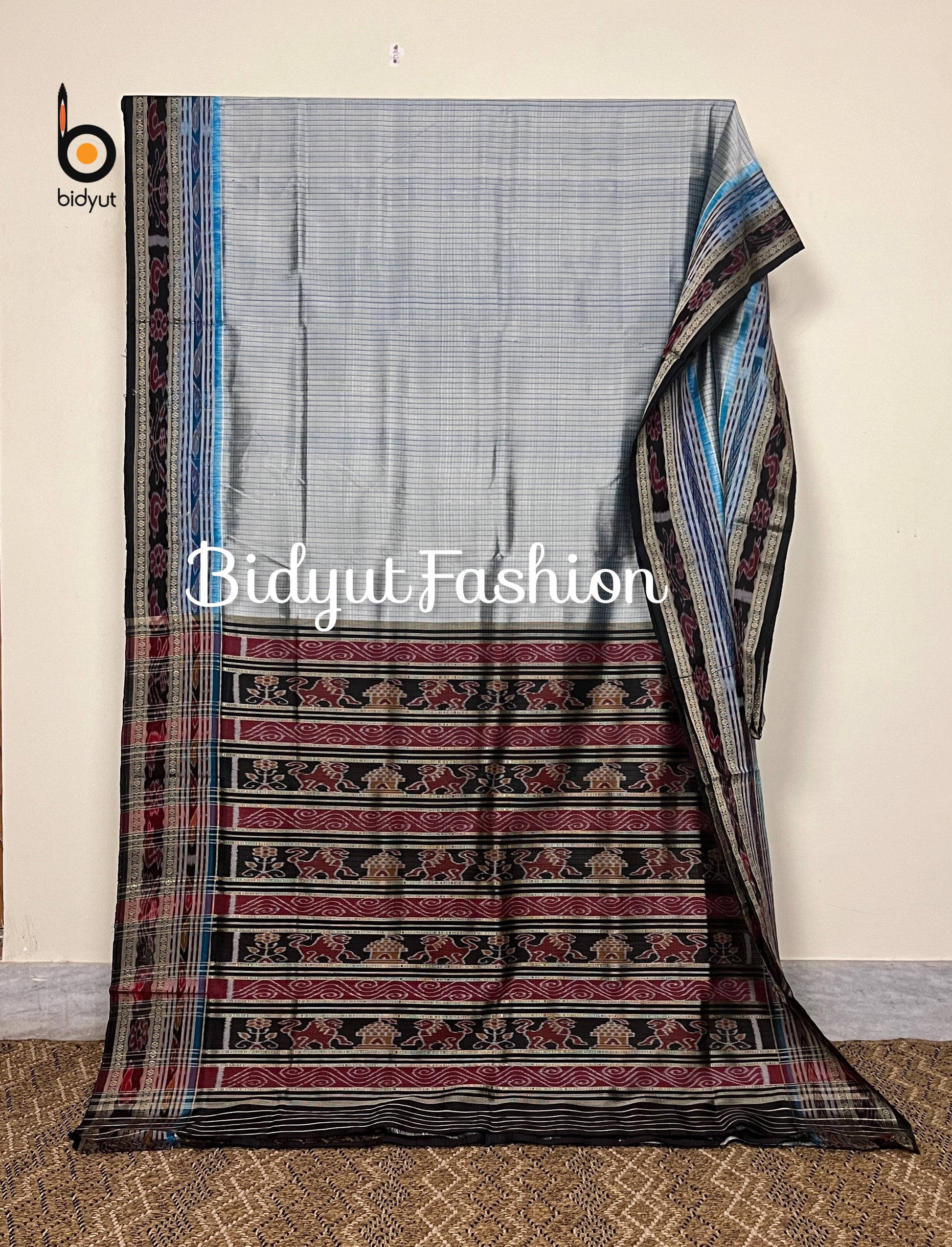 Odisha handloom Nuapatna|Khandua | Sambalpuri| Sachipar Ikat Silk Saree in steel blue color - Bidyut Fashion