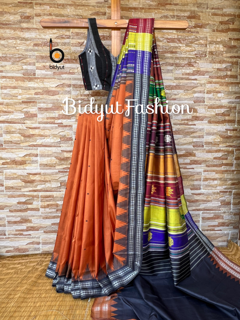 Rust color Berhampuri Double palla Patta Silk Saree |Odisha handloom