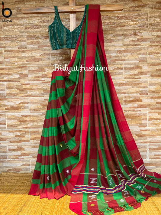 Odisha handloom Santhal Tribal Cotton Saree - green color saree