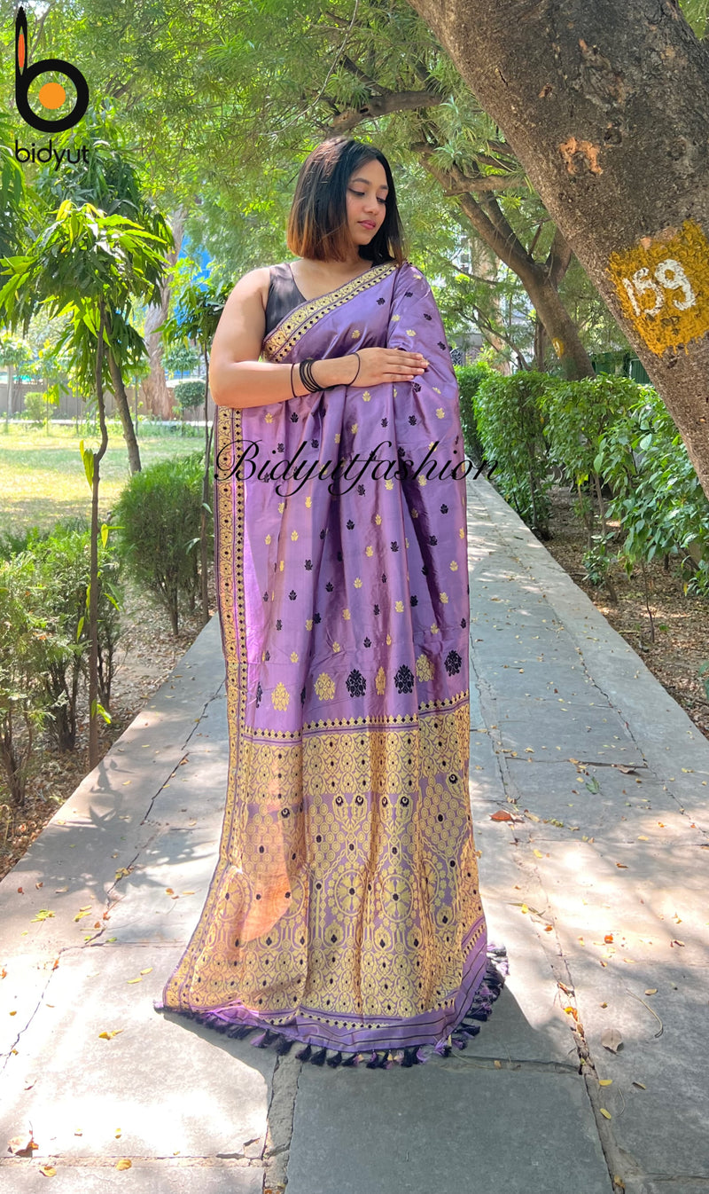 Assam Handloom Paat Silk Saree - lavender saree