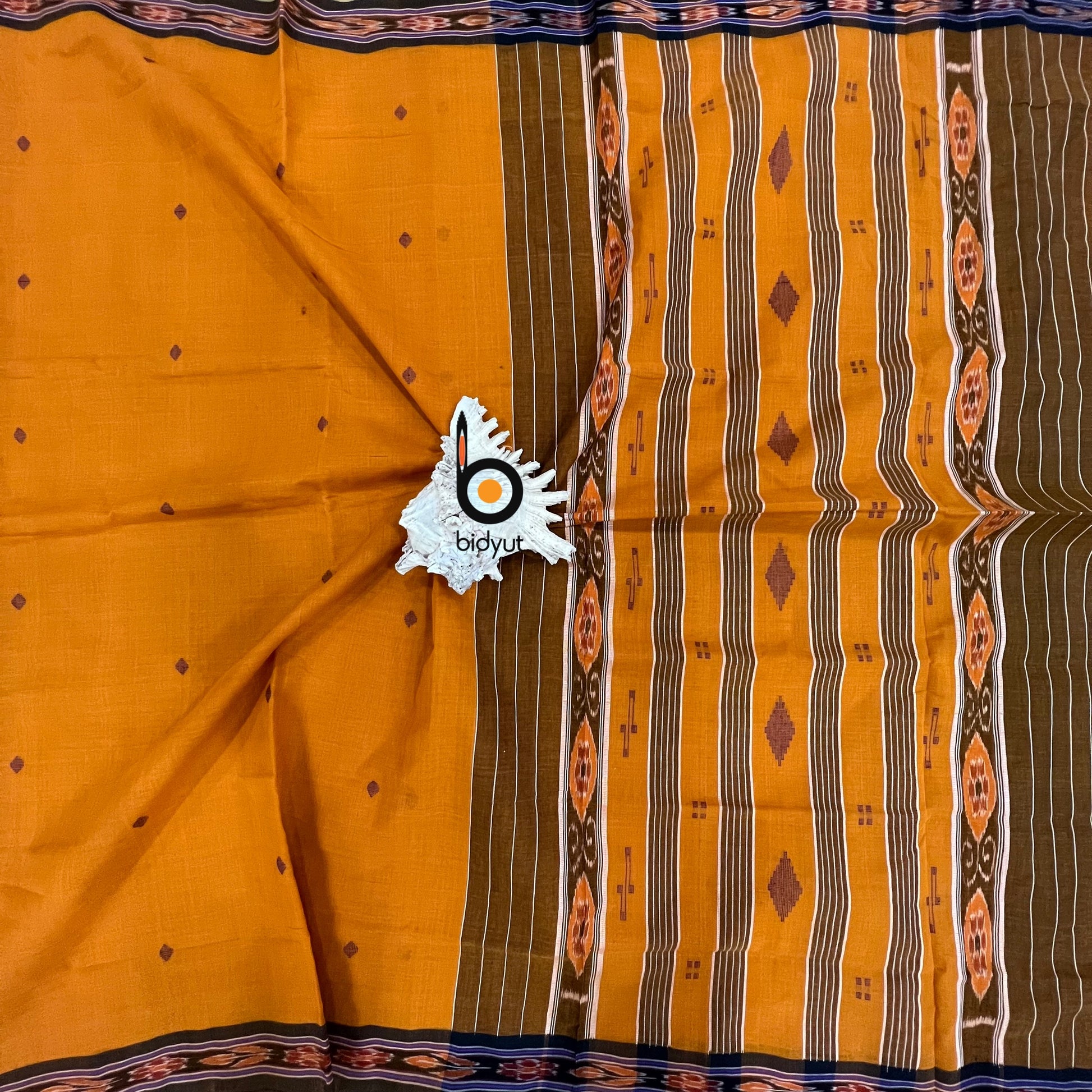 Odisha Handloom orange color Suta Luga Ikat Cotton Saree - a Traditional Weaving - Bidyut Fashion