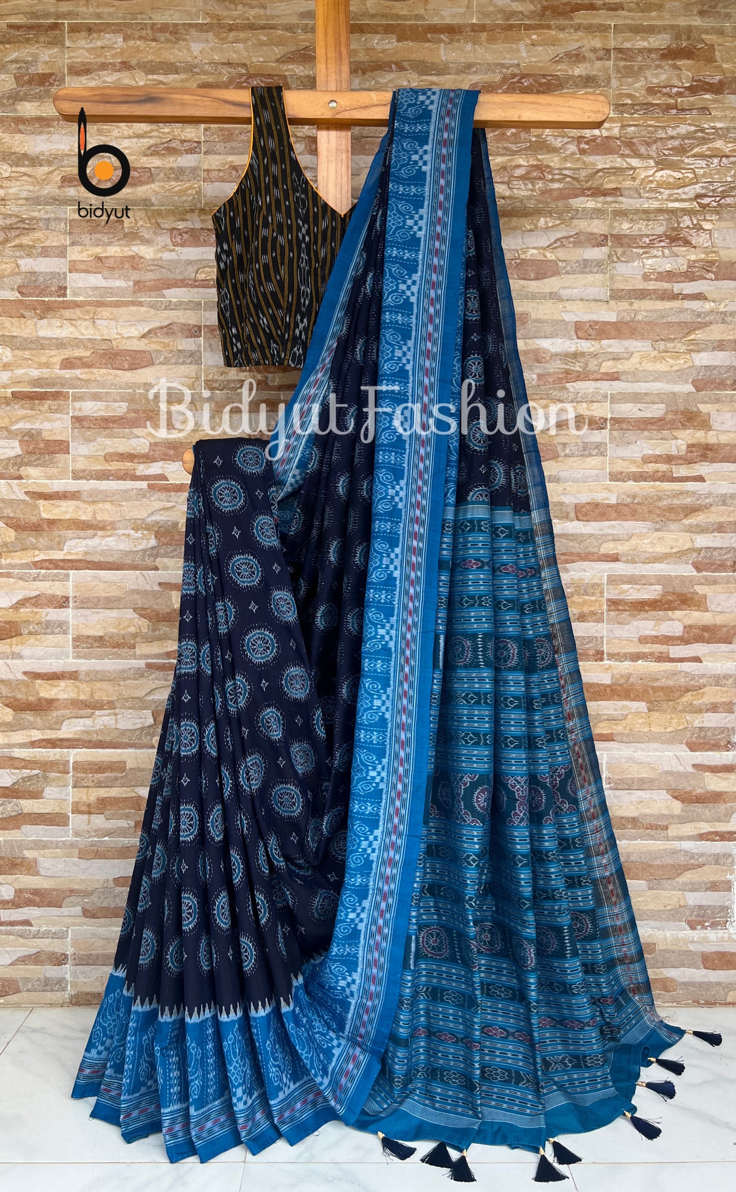 Handlooms of Odisha Sambalpuri Ikat cotton saree blue color