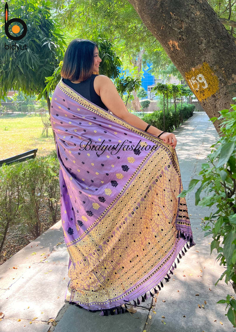 Assam Handloom Paat Silk Saree - lavender saree