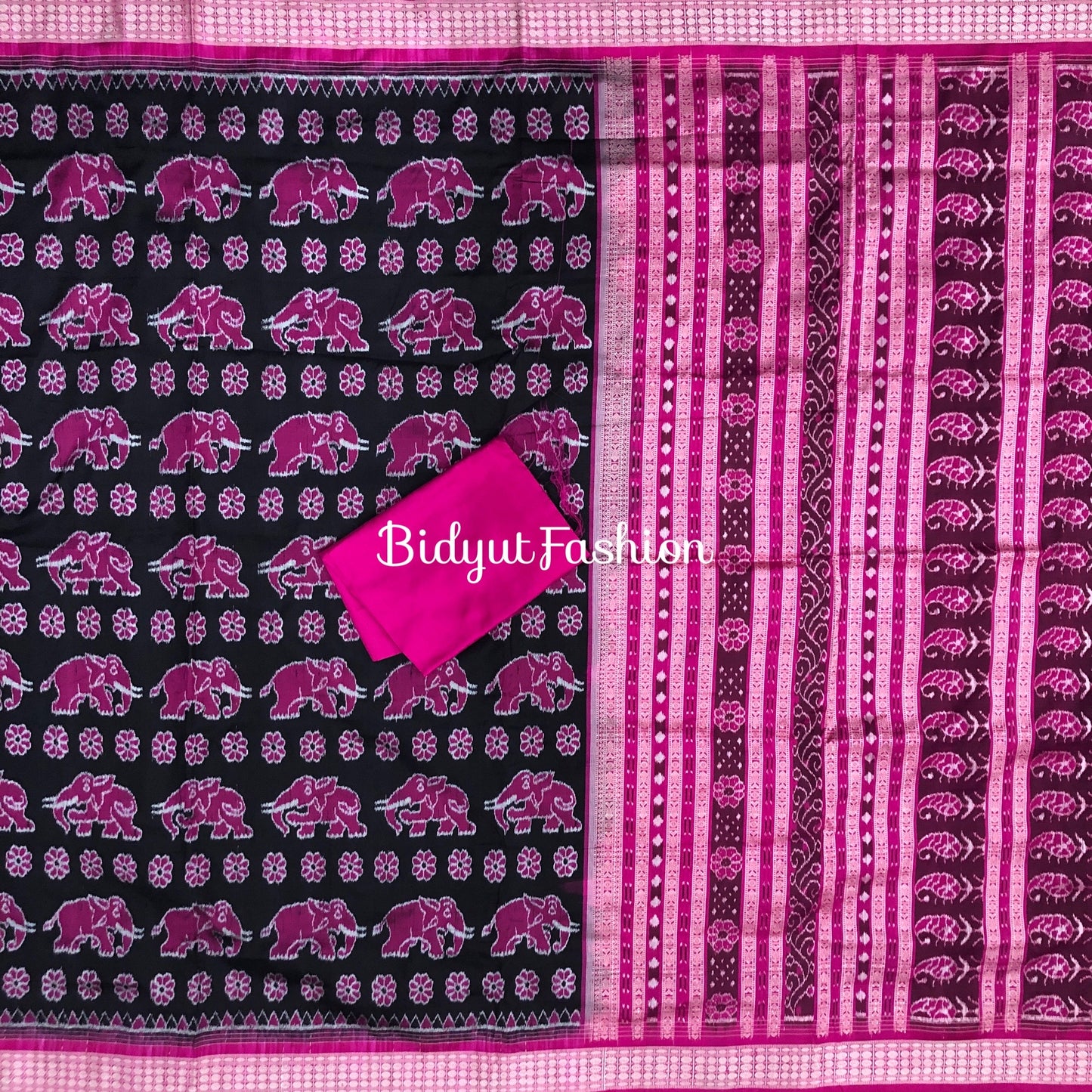 Traditional Odisha Handloom Sambalpuri silk Saree | Black color blouse pink